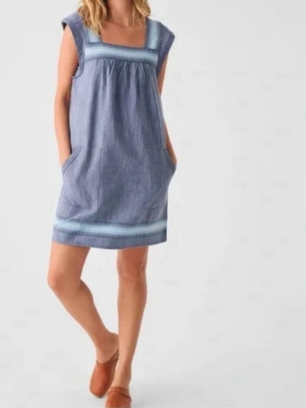 Faherty Organic Cotton Hailee Stripe Trim Shift Dress Indigo Blue Size Medium